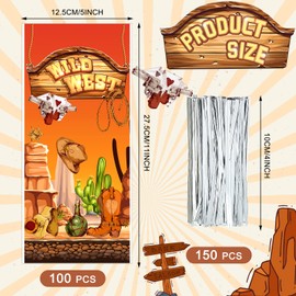 Jetec 100 Pcs Western Cowboy Cellophane Bags Wild West Cowboy Gift Treat Goodie Candy Bag with Ties Wild West Birthday Party Decorations Supplies Favors