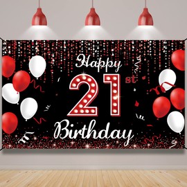 Vicycaty 21st Birthday Decorations Banner Backdrop, Happy 21st Birthday Decor Supplies for Women, Red Black and White 21 Party Photo Props for Outdoor Indoor
