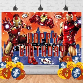 Iron Hero Birthday Decorations,Cartoon Hero Man Backdrops for Party Decorations Supplies,Hero Happy Birthday Banner Backdrop for Party Supplies (5x3ft)