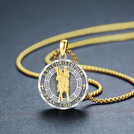 Gold St Christopher Necklace Mens, Saint Christopher Medal Womens Sterling Silver Pendant for Car Religious Amulets Christian Amulet Jewelry Gift