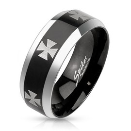 Jinique STR-0201 Laser Etched Iron Cross Stainless Steel Black IP Center Band Ring with Beveled Edge (9)