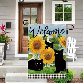 DLZDN Summer Cat Garden Flag Sunflower Black Cat Garden Flag 12×18 Inch Double Sided Buffalo Plaid Farmhouse Welcome Yard Flag Spring Summer Seasonal Outdoor Decor