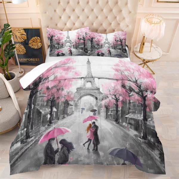 EDGZKO Comforter Set Eiffel Tower: Twin Size Paris Pink and