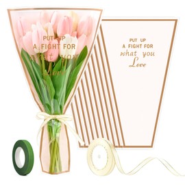 50 Pcs Flower Wrapping Bags Bouquet Sleeves with Ribbon and Floral Tapes,17.7x11 Inch Elegant Floral Packaging for Weddings,Birthdays and Graduations,DIY Gift Wrap,Professional Florist Supplies (Pink)