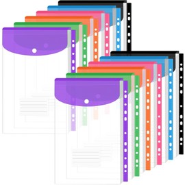 12 Pack Plastic Envelopes Binder Pocket 11 Holes Expandable Binder Folders for 2/3/4 Ring Document Pouch with Label Loose-Leaf Transparent for School Home Office (Vertical-Opening)