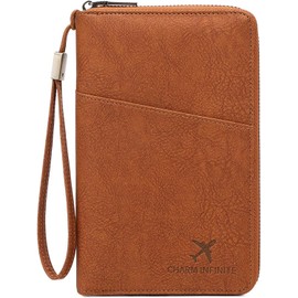 Porta Pasaporte de Piel PU con Bloqueo RFID, Porta Pasaporte y Visa Impermeable de Gran Capacidad, Funda Pasaporte con Porta Bolígrafo y Correa para Familiar, Mujer y Hombre (Marrón)