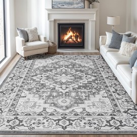Lofus 8x10 Area Rugs for Living Room, Washable Area Rug, Rugs for Bedroom, Kitchen, Vintage Boho Carpet, Soft Non-Slip, Low Pile Large Area Rug for Office Dining Room, Floral Grey