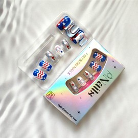 24Pcs Independence Day Press on Nails Medium Square Fake Nails Red White Blue Patriotic False Nails with Firework Stars Design Acrylic Nails Full Cover Glue on Nails for 4th of July Holiday