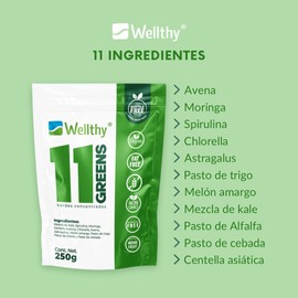 Wellthy 11 Verdes | Jugo Verde en Polvo 250g | Con Espirulina, Clorella y Superalimentos | Vegano, NON-GMO, Sin Azúcar, Sin Gluten, Ecológico y Bottle Free