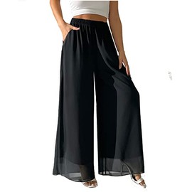 heipeiwa Women's Chiffon Dress Beach Wide Leg Palazzo Pants Elastic Waist Trouser
