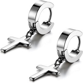 Cupimatch 3-6 Pairs Stainless Steel Cross Dangle Huggie Hinged Hoop Earrings for Men Women (1 Pair Silver Cross)