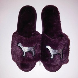 Victoria's Secret Victoria Secret PINK Slippers Small 5 / 6 Burgundy Silver Dog Logo Faux Fur New