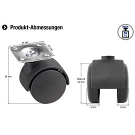 Master double rollers, 42 x 42 mm plate, plastic wheels, hard running surface, slide bearing, 4 pieces, transport roller, container role, furniture role, 418600