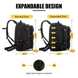 AZULDEZ Tactical Backpack for Men, 40/50L Expandable Military Backpack, Water Repellent MOLLE Hiking & Camping Rucksack, Assault Pack & Bug Out Bag for Outdoor, Work Backpack