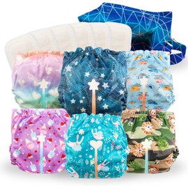 Reusable Cloth Diapers with Wetness Indicator, Swim Diaper, 6 Pack Waterproof Skin Friendly Covers＆Insert One Size Adjustable Washable Diapers for Newborns, Baby (11-33 pounds, 0-3 Years, Adorable)
