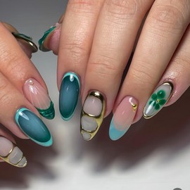 3d Press on Nails Short Almond Fake Nails Green with Floral designs Acrylic Stick on Nailss Glossy Full Cover French Tip Press ones Gel Glue on Nails for Women Girls Finger Manicure24pcs