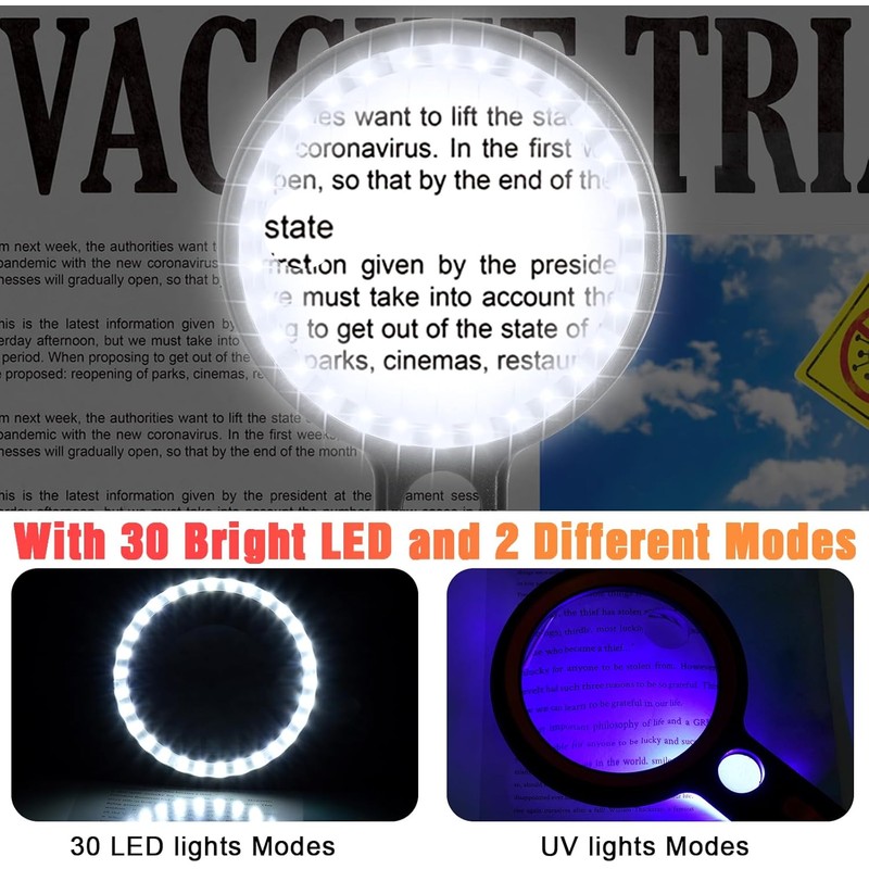 Magnifying Glass with Light, 30 LED Lights Handheld Illuminated Magnifier