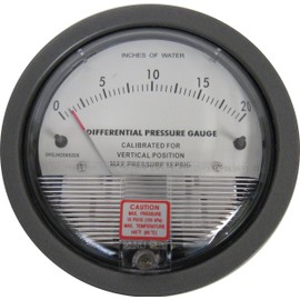 Differential Pressure Gauge, 0-20 Inches of Water, Aluminum Construction, ±2% Accuracy, 1/8 Inch Female NPT, 15 PSI, for Air & Gas Applications