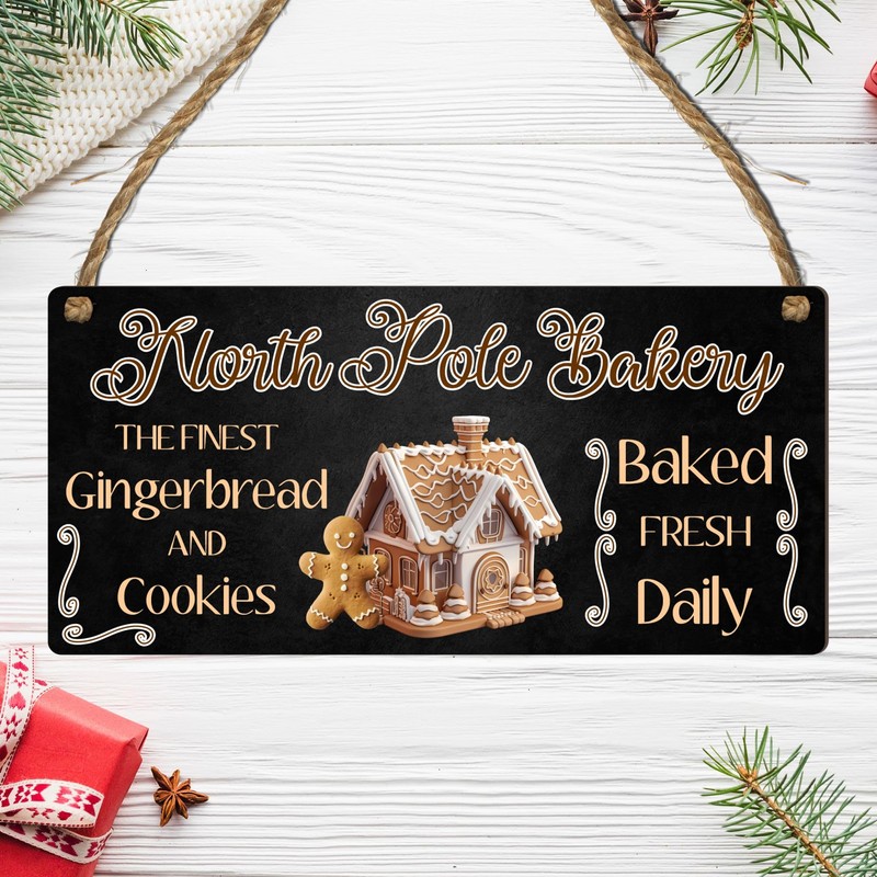 "North Pole Bakery" Christmas Plaque - Festive Gingerbread House Sign