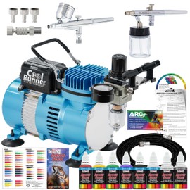 Master Airbrush Cool Runner II Air Brush Kit with Dual Fan Compressor & 2 Airbrushes - Includes 6 Primary Acrylic Paint Colors Artist Set, How-to Guide, Color Chart & Hose
