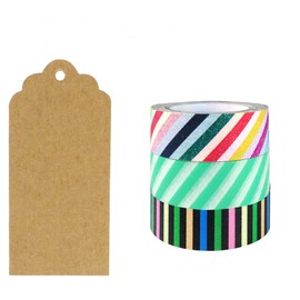 Wrapables 50 Scalloped Gift Tags/Kraft Hang Tags with Free Cut Strings & Set of 3 Washi Tape for Gifts, Crafts & Price Tags - Retro Stripes