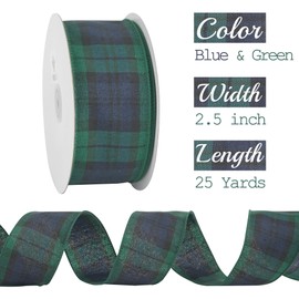 MEEDEE Blue and Green Plaid Ribbon 2.5 Inch Buffalo Plaid Wired Ribbon 2.5 Inch Navy and Green Plaid Christmas Ribbon 25 Yards Spool Black Watch Tartan Plaid Ribbon for Christmas Tree, Gift Wrapping