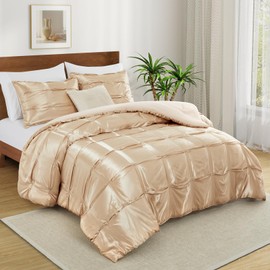 Lanest Housing Full/Queen Size Satin Comforter Set Taupe, 3 Pieces Soft and Lightweight Silk Bedding, All Season Fluffy Down Alternative Comforter Bed Set