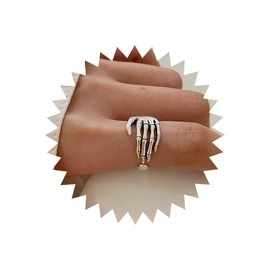 TseenYi Hand Skull Ring Gothic Five Claw Skull Ring Hip-Hop Ring Dark Series Jewellery for Women and Girls Cocktail Party Christmas (Old Silver), Silver Aluminium