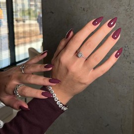 KQueenest Soft Gel Press on Nails Almond Medium, Purple False Nails Almond, Glossy Solid Plum Stiletto Fake Nails Set, Natural Reusable Stick on Nail for Women Finger Daily Wear 24 Pcs