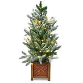 Takywep 2 Ft Prelit Tabletop Mini Christmas Tree, Battery Operated Artificial Small Xmas Tree, Potted Snow Flocked Pine Tree with 30 LED Lights for Holiday Table Centerpiece Desk Decorations