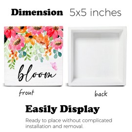 Spring Decor - Spring Floral Decorations - Bloom Flowers Wooden Decorative Sign - Home Decor for Desk Table Shelf 5 x 5 Inches