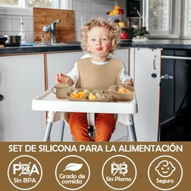 14pzs Vajillas Platos para Bebe Silicona, Set Alimentacion Complementaria Bebe, Plato para Bebe con Ventosas, Baberos Ajustable, Sin BPA, Fácil de Lim