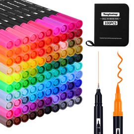Tongfushop 100 Colors Dual Tip Brush Markers, Brush and Fineliner Coloring Brush Pens Set, Art Pen for Adults Coloring Books, Holiday Cards Drawing, Lettering, Calligraphy, Journaling, Doodling