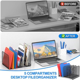 TOPCJ 5 Sections Desk File Holder/Rack/Sorter,Mesh File Organizer,File Folder Organizer,Metal Upright Desktop Organization for Documents,Magazine,Kitchenware,Antiskid,Antirust,Sturdy,2 Packs