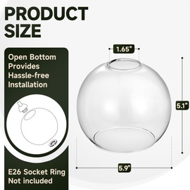 Handblown Clear Glass Globe Shade – 1.65" Fitter Opening – Replacement Lamp Shade for Pendant Lights, Chandeliers, Wall Sconces, Vanity & Ceiling Fixtures (2 Pack)