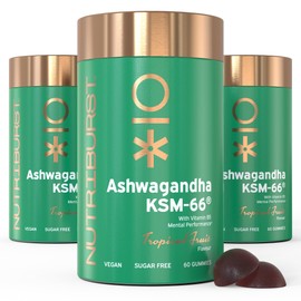 Nutriburst Nutriburst 300mg Ashwagandha + Vitamin B5 & Iodine Multipack - Herbal Adaptogen to Reduce Tiredness & Support Mental Performance - Vegan & Sugar Free - 3 x 60 Tropical Gummies - 3 Month Supply