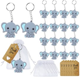 MEIYIFAN Party Favours Christening, 30 Elephant Pendants Thank You Gifts, Elephant Key Ring + Organza Bag + Kraft Paper Pendant, Baby Shower Communion Children's Birthday Party Bag, blue