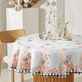 DISENB Easter Round Tablecloth 70 Inch, Buffalo Plaid Bunny Ear Foot Flowers Table Cloth, Stain and Wrinkle Resistant Washable Table Cover for Spring Holiday Party Picnic Dinner Decor