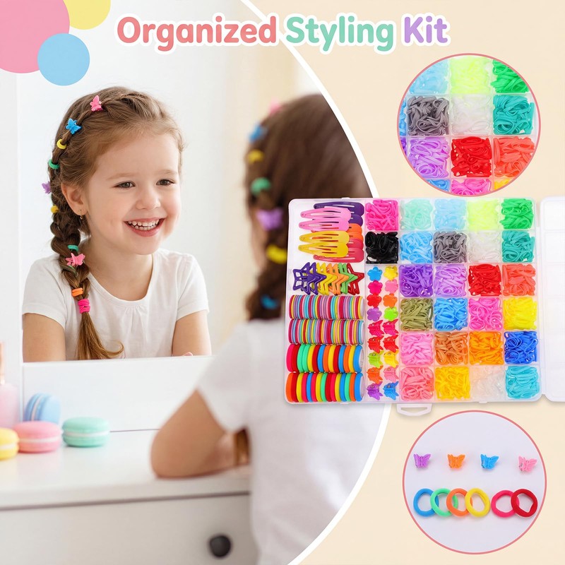 2065 Pcs Hair Ties Set with Tools & Clips, Colorful