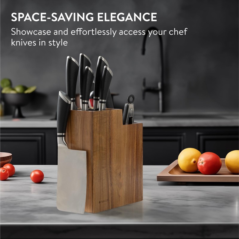 Navaris Knife Block & Utensil Organiser - Durable Acacia Wood