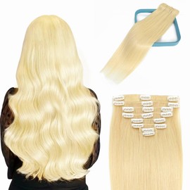 LORIEN LORIEN Clip in Hair Extensions Real Human Hair, 16 Inch 90g, #613 Bleach Blonde, Clip in 100% Brazilian Remy Human Hair Extensions 8pcs Per Set with 18 Clips Double Weft