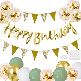 Birthday Decoration Set, Green Gold Balloons Birthday Decoration, Party Decoration Birthday Set with Happy Birthday Banner Garland Balloons Confetti Balloons Triangle Flags for Birthday Party Supplies