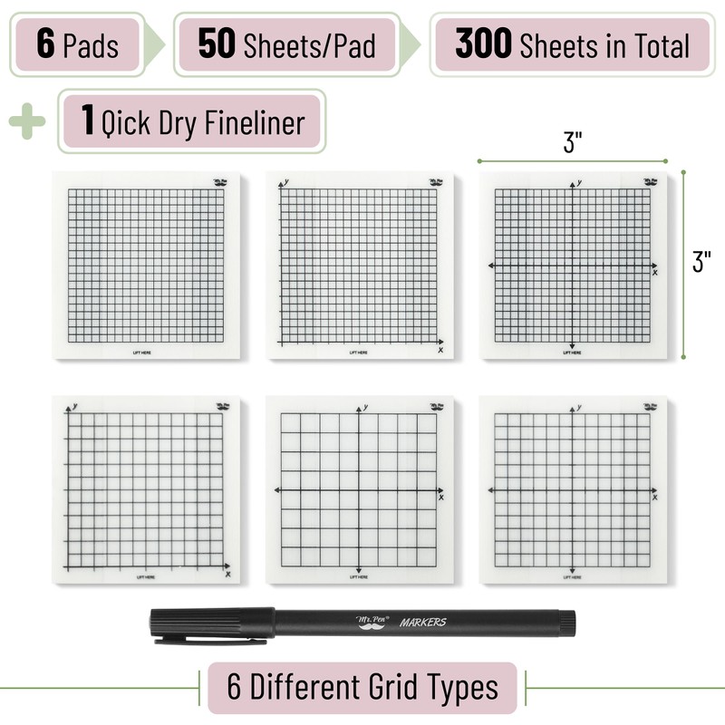 Mr. Pen- Transparent Graph Paper Sticky Notes, 300 Sheets, 3x3