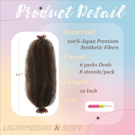 Spring Afro Twist Hair, 12 Inch Springy Marley Twist Braiding Hair Pre-Separated 6 Packs Spring Twist Afro Kinkys Bulk Hair for Soft Locs Crochet Hair Extensions for Black Women (T30, 12inch)