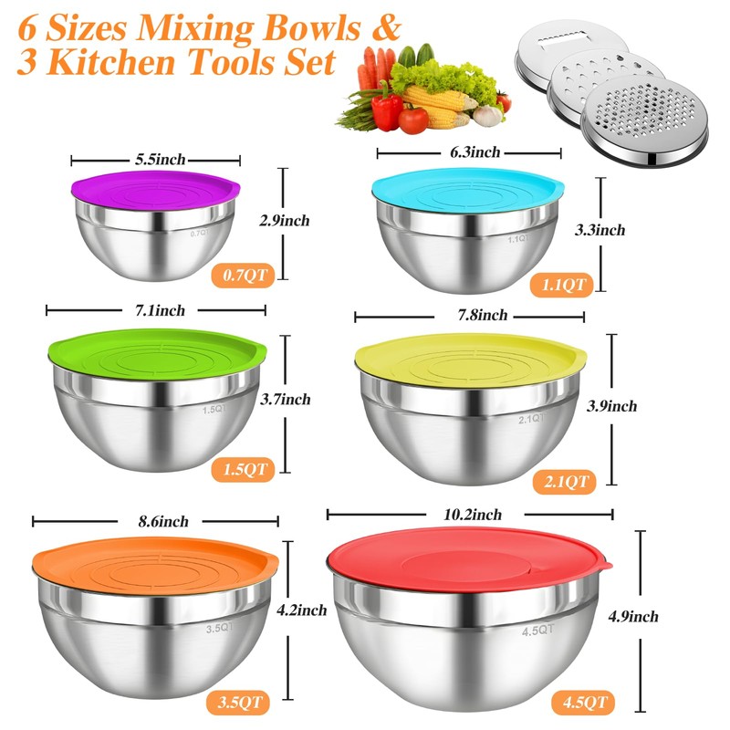 Winproper Mixing Bowls with Lids Set, 6 PCS Stainless Steel