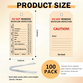 100 PCS Waterproof Backflow Inspection Tags Record Heavy 10 Mil Synthetic Paper 2 5/8" x 5 1/4" with Iron Wire Double-Sided Printing Pre-Punched Holes for Backflow Preventer Plumbing Maintenance