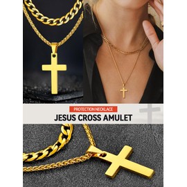 FaithHeart Men's Stainless Steel Cross Necklace 45 cm 50 cm 55 cm Long Punk Double Necklace with Cross Pendant Silver Gold Black Best Gift for Birthday Father's Day Valentine's Day, 45 cm, Metal, No