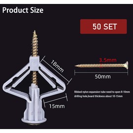 Drywall Anchor Kit Self-Drilling Hollow Wall Anchors Plasterboard Plugs with Screws Butterfly Expansion Tube Pipe for Curtain Gypsum Board Wall Installation Fastener Hardware (Anchor 50pcs+Screws 50pcs) (Grey)
