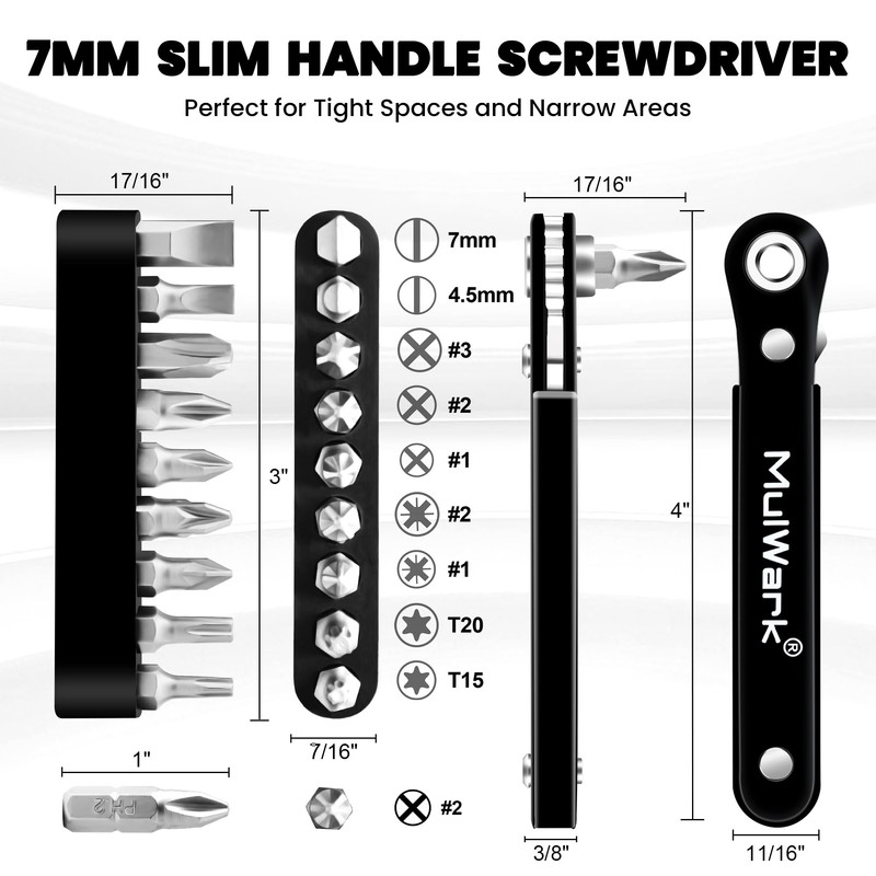 MULWARK 11-Piece Small Screwdriver Set, 1/4" Right Angle Screwdriver with
