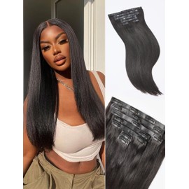 LUVME Yaki Straight Seamless 110g 7Pcs Clip in Hair Extensions Full Max with 16inch Remy Human Hair Extensions, Natural Black 100% Real Soft Human Hair Extensions